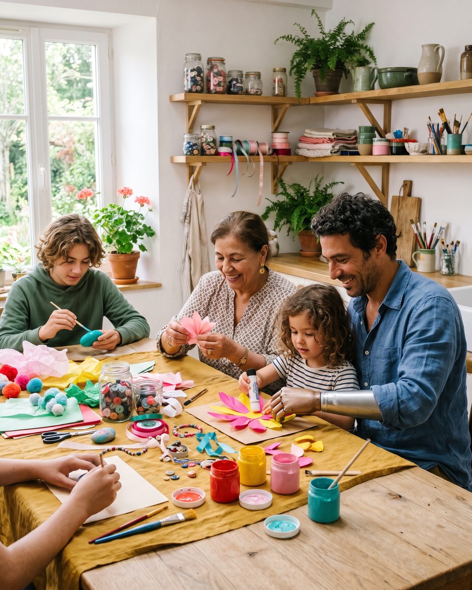 Une famille réunie autour d'une grande table d'atelier couverte de papiers colorés, de pots de peinture et de pompons