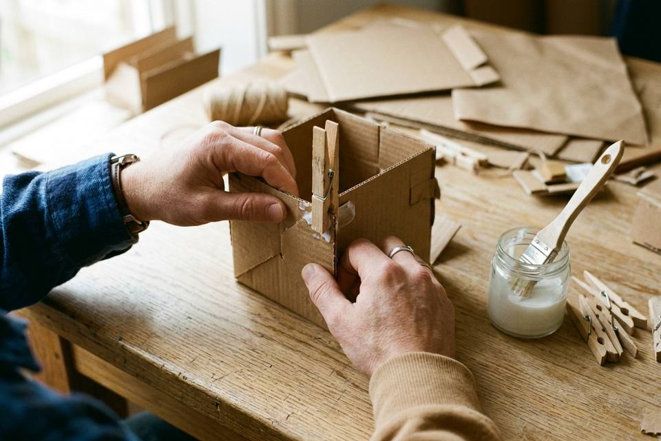 Des mains rabattent les côtés d'une boîte en carton et pincent un coin avec une pince à linge, après un trait de colle sur la languette