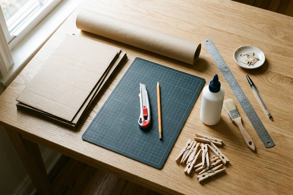 Le matériel à plat : carton ondulé, rouleau de papier kraft, règle, crayon, cutter, colle blanche et pinces à linge