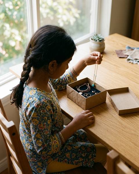 Une boîte en carton habillée de papier kraft, couvercle posé à côté, avec quelques bijoux rangés dedans, sur une table en chêne clair