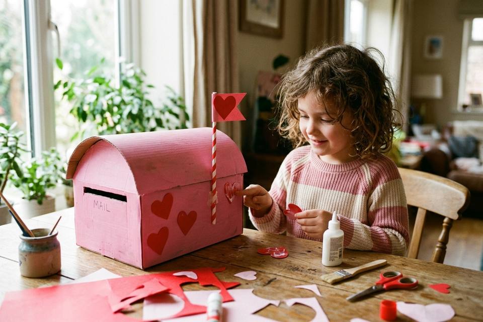 La boîte peinte en rose, un enfant colle des cœurs en papier rouge sur les côtés