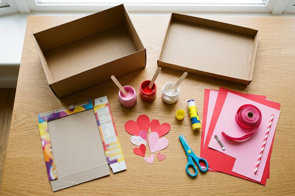Le matériel à plat : boîte à chaussures, carton fin, peinture rose et rouge, papiers cœurs, colle et ciseaux