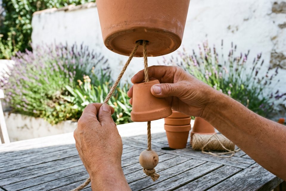 Deux mains enfilent les pots de terre cuite sur une corde nouée pour former les jambes du bonhomme
