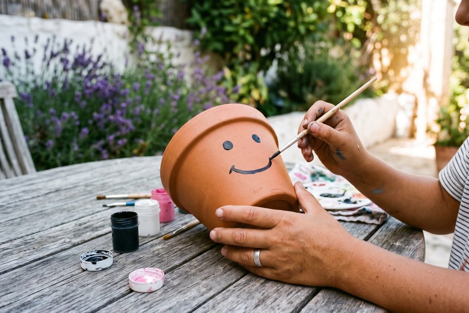Un enfant peint le visage souriant du bonhomme sur le petit pot qui sert de tête
