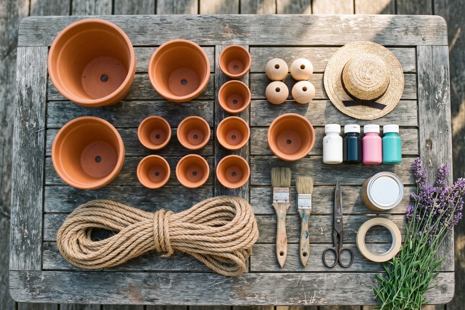 Le matériel à plat : pots de terre cuite de plusieurs tailles, corde de jute, perles en bois, peinture acrylique et pinceaux