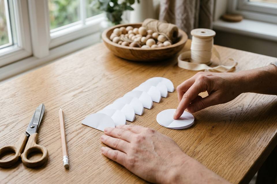 Des mains plient des disques de papier blanc en deux et les alignent sur une table en chêne clair