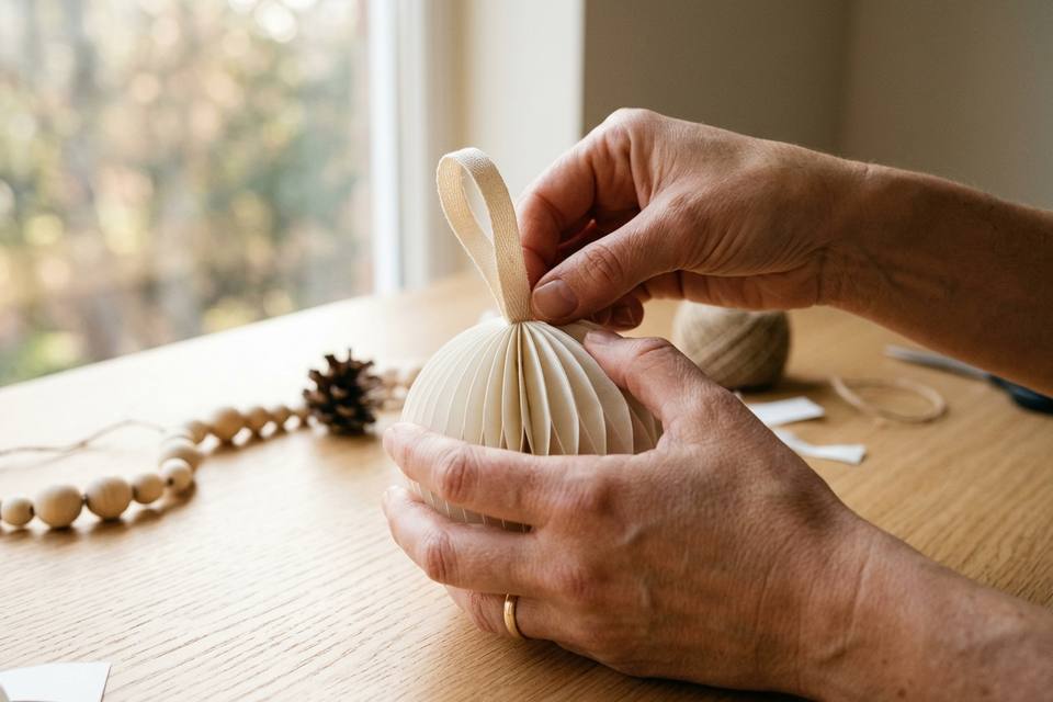 Les disques collés se referment en une boule de papier blanc ajourée, avec sa boucle de ruban