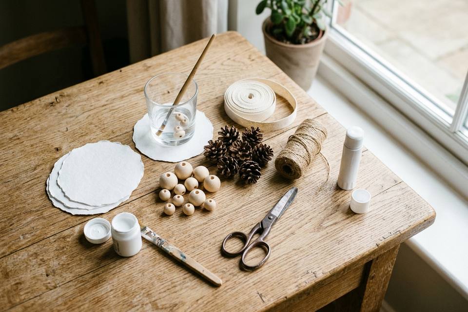 Le matériel à plat : disques de papier blanc, perles en bois, pommes de pin, ruban, fil, colle et ciseaux