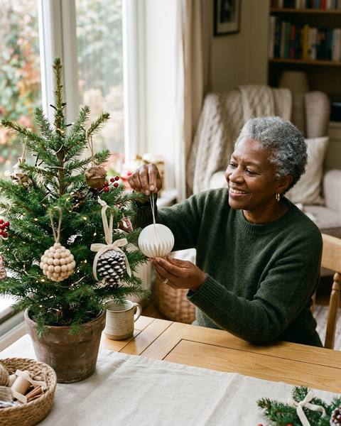 Une branche de sapin décorée de boules de Noël en papier blanc, en perles de bois et en pomme de pin enneigée, avec des rubans