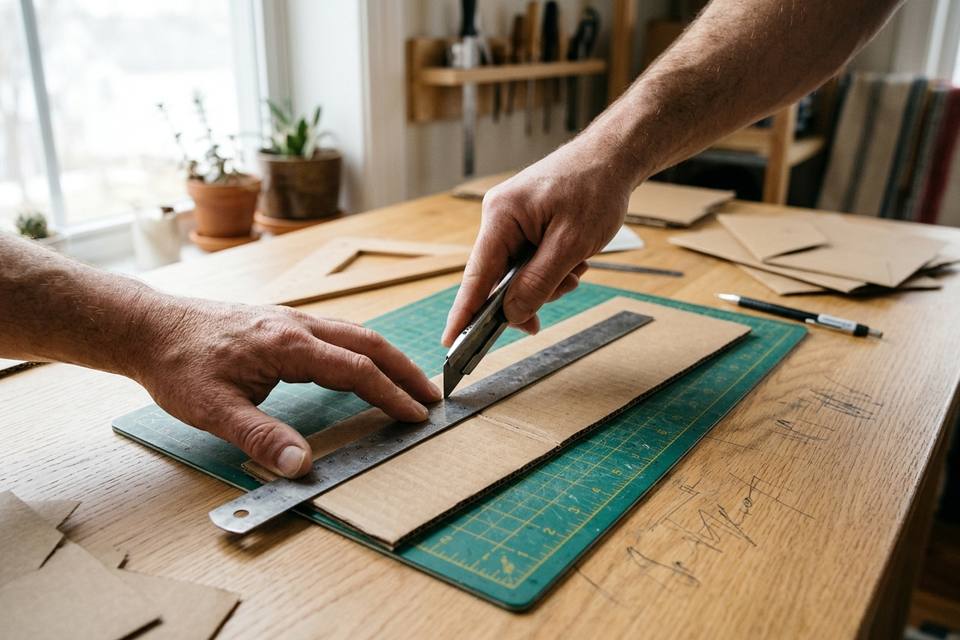 Deux mains marquent un pli au dos d'une grande bande de carton ondulé le long d'une règle métallique