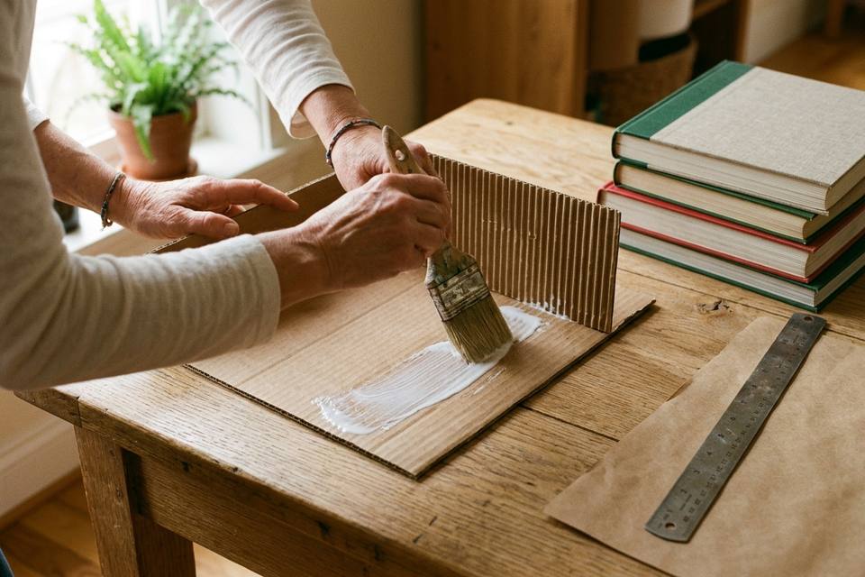 Les mains étalent la colle au pinceau sur une feuille de carton avant de poser la couche suivante, cannelures en travers