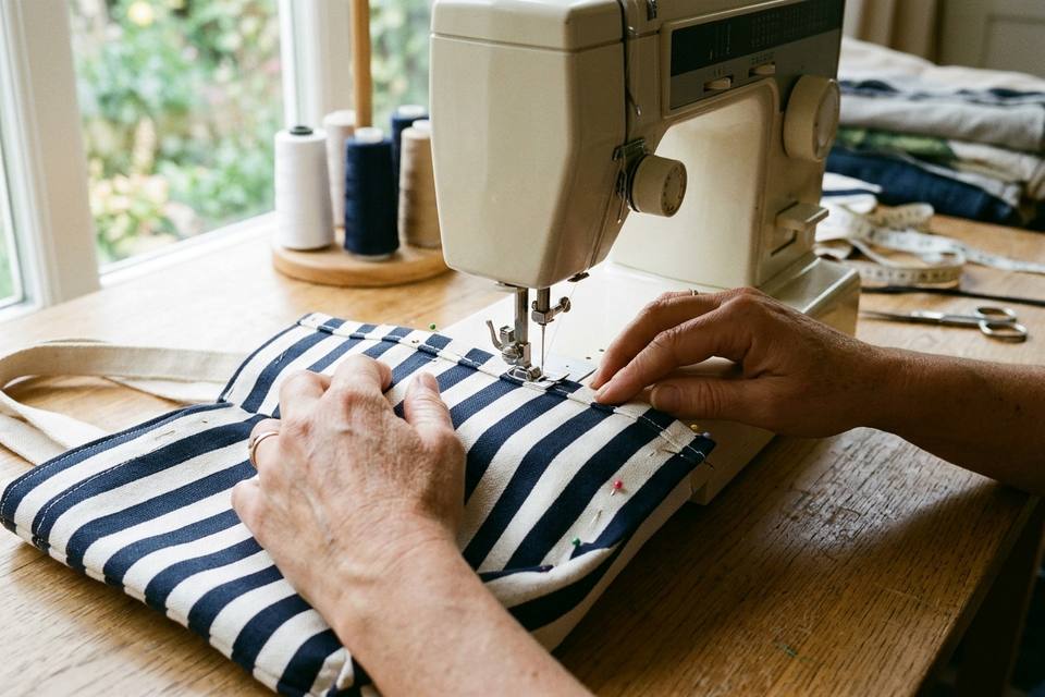 Deux mains piquent à la machine le fond d'un sac en toile rayée, endroit contre endroit