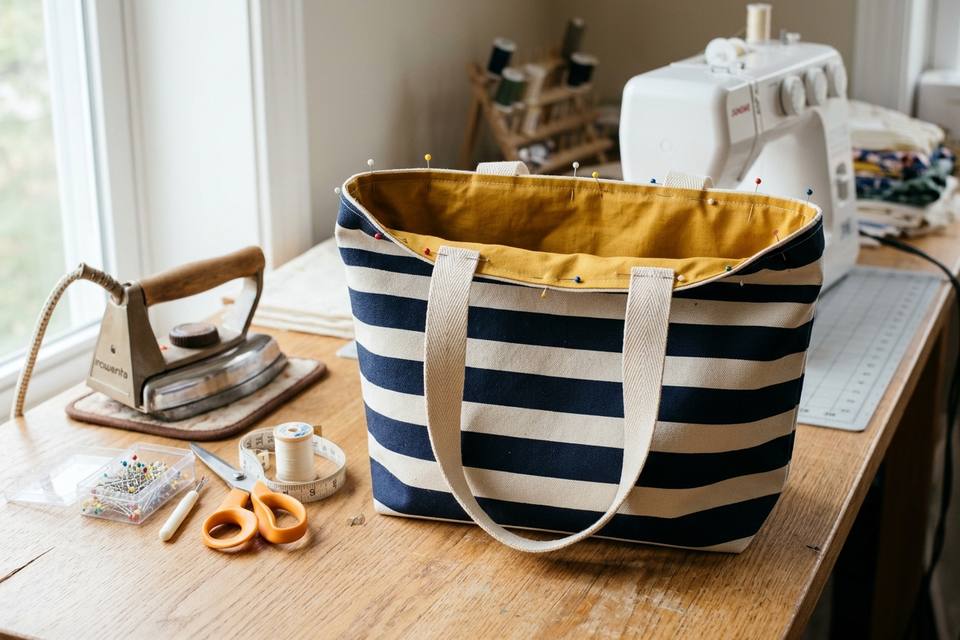 Le sac retourné sur l'endroit, anses en sangle épinglées sur le bord, avant la surpiqûre