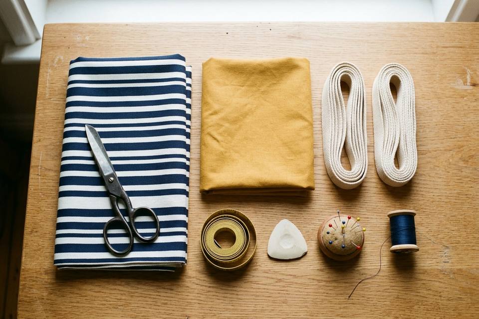 Le matériel à plat : toile rayée marine, coton uni pour la doublure, sangle, mètre ruban, épingles et ciseaux