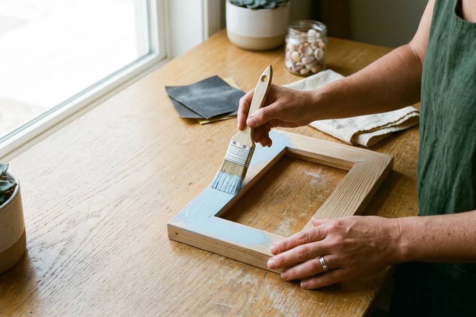 Des mains passent une couche de peinture acrylique bleu pâle sur un cadre en bois posé à plat