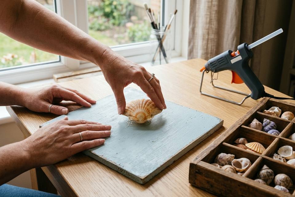 Des mains posent un gros coquillage sur un point de colle chaude, au centre d'un fond bleu pâle