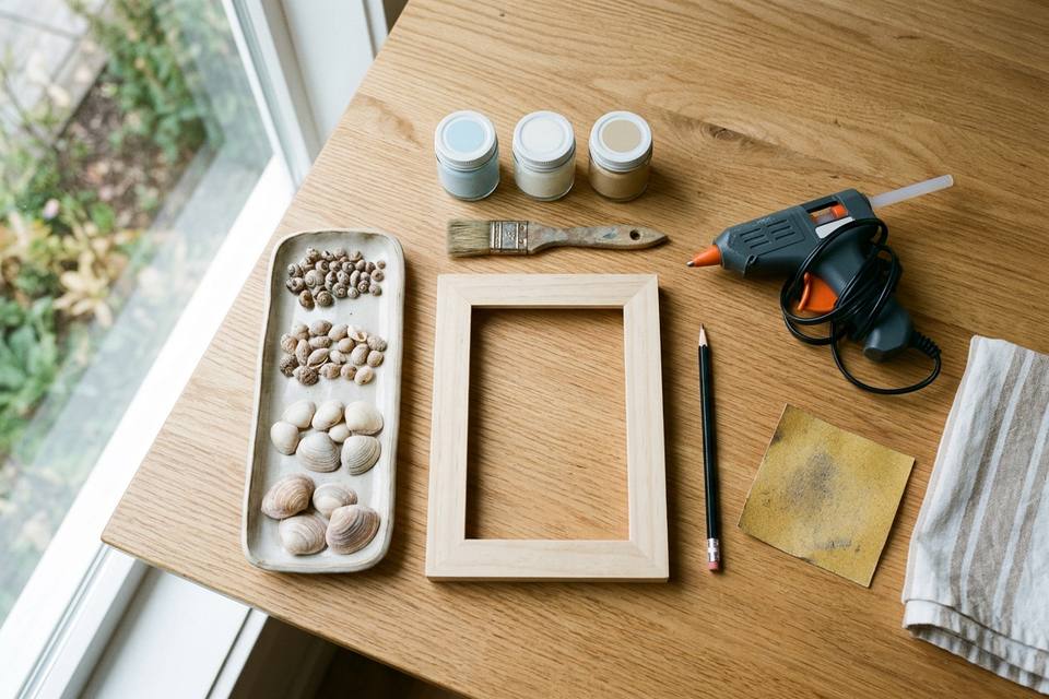 Le matériel à plat : cadre en bois, pots de peinture acrylique, coquillages triés, pistolet à colle, pinceaux