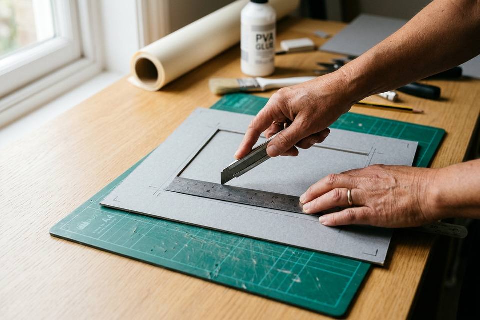 Gros plan sur des mains qui découpent la fenêtre de la façade au cutter le long d'une règle métallique