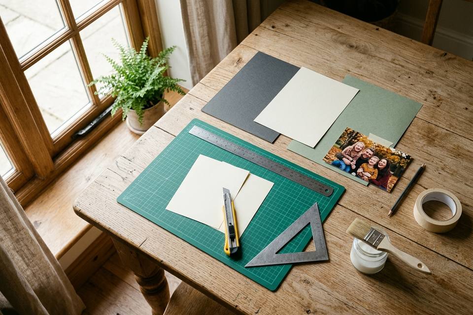 Le matériel à plat : carton gris, papiers de couleur, règle, cutter, colle, crayon, ruban adhésif de papier et une photo imprimée
