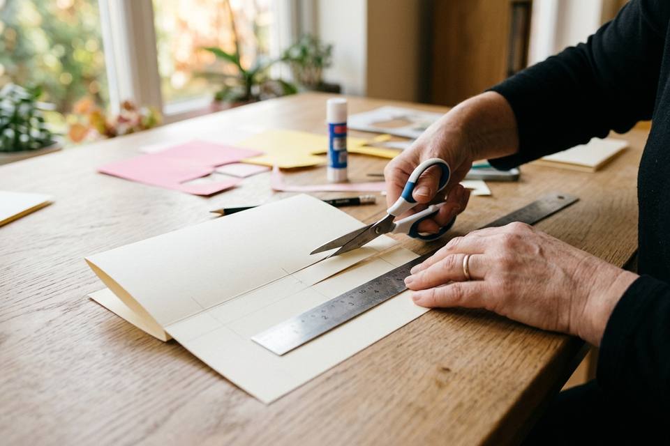 Une main d'adulte découpe deux fentes parallèles depuis le pli d'une feuille de papier épais