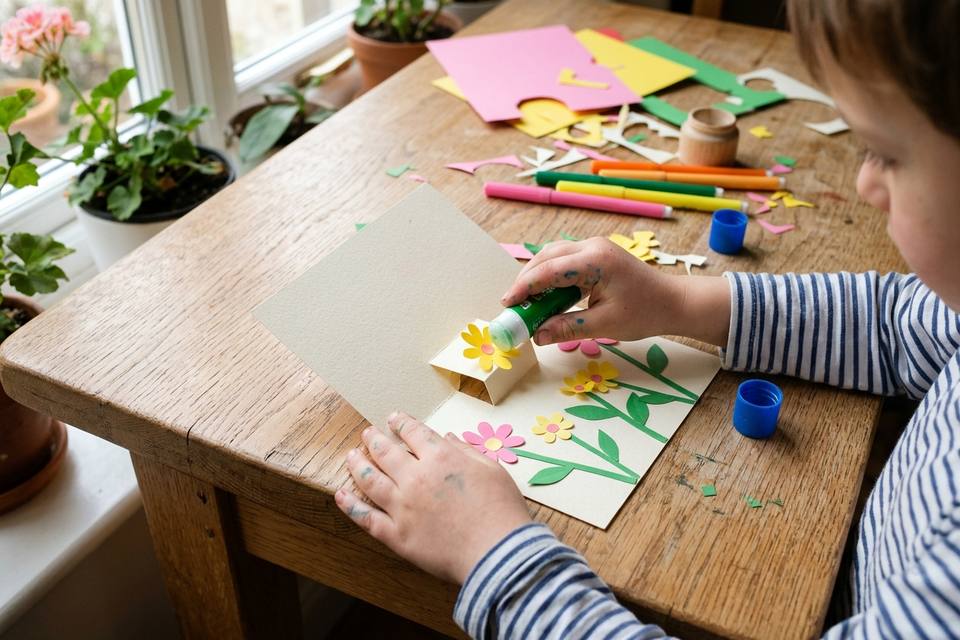 Des mains d'enfant collent des fleurs en papier rose et jaune sur la languette de la carte