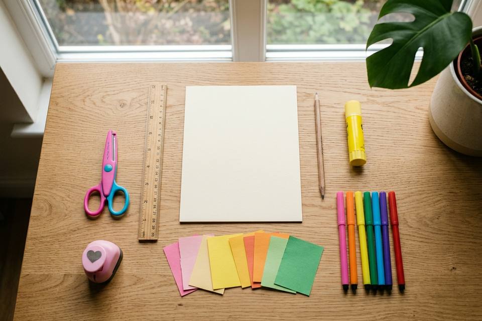 Le matériel à plat : papier épais, papiers de couleur, ciseaux, règle, crayon, colle et feutres