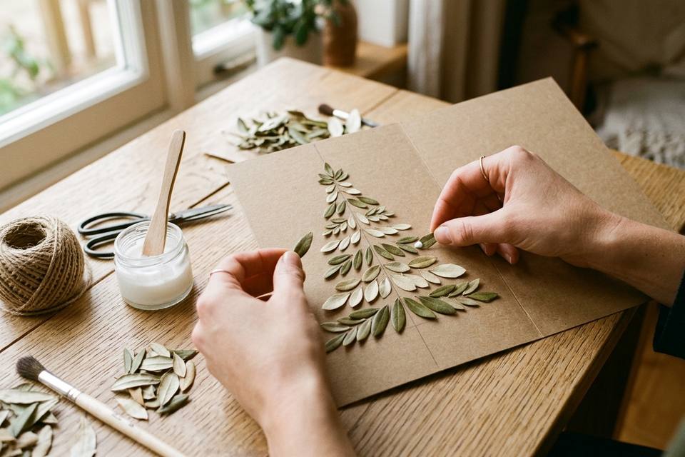 Des mains disposent des feuilles séchées en forme de sapin sur une carte en kraft