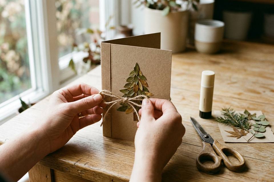 Des mains nouent une ficelle de jute autour du pli d'une carte kraft décorée