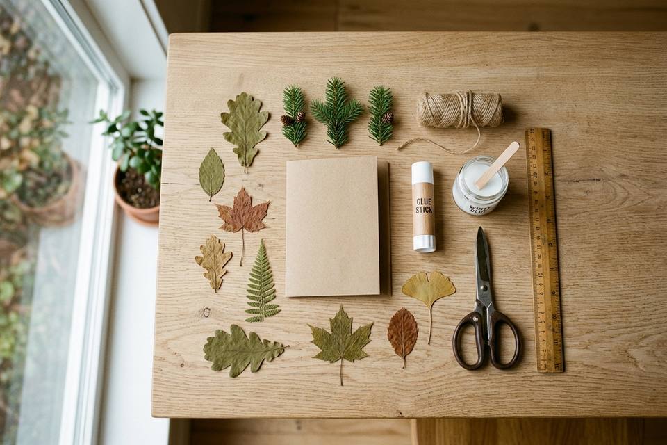 Le matériel à plat : carton kraft, feuilles séchées, brindilles de sapin, ficelle de jute, colle et ciseaux