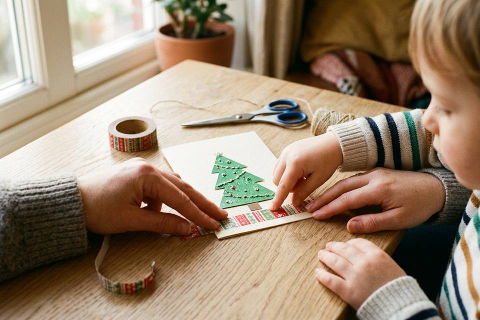 Une bande de masking tape à motifs encadre le sapin, les mains lissent le ruban