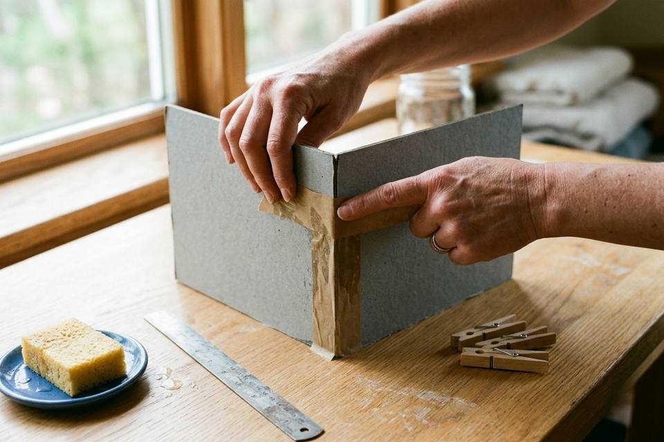 Des mains posent une bande de papier kraft gommé sur l'angle de deux côtés en carton tenus à angle droit