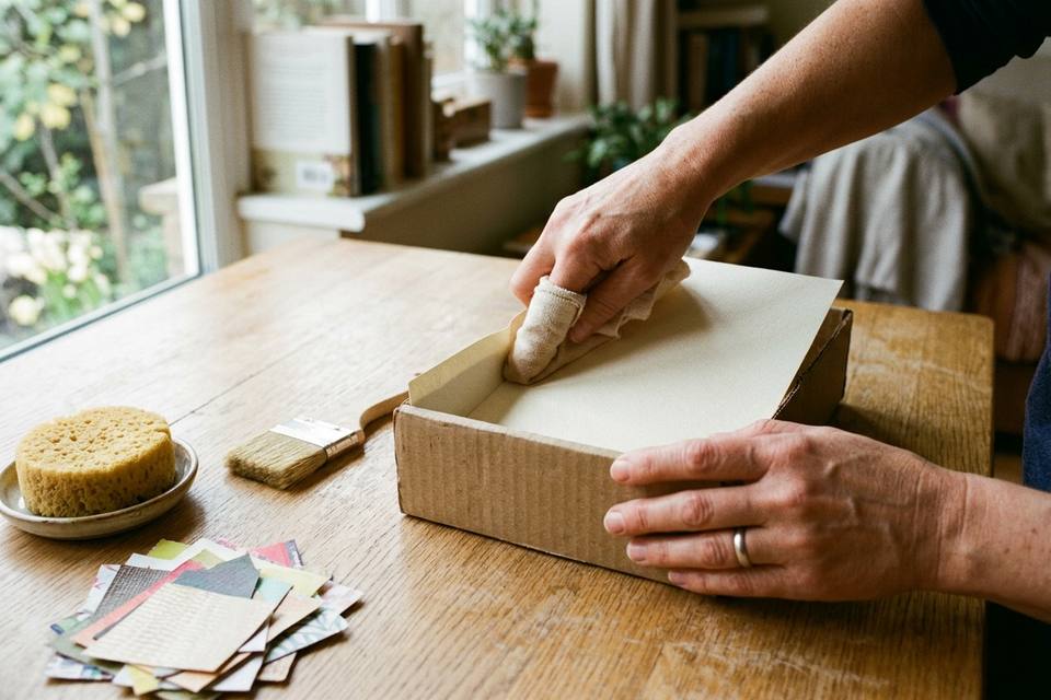 Des mains lissent un papier uni dans le fond d'une boîte en carton, avec une éponge humide posée à côté