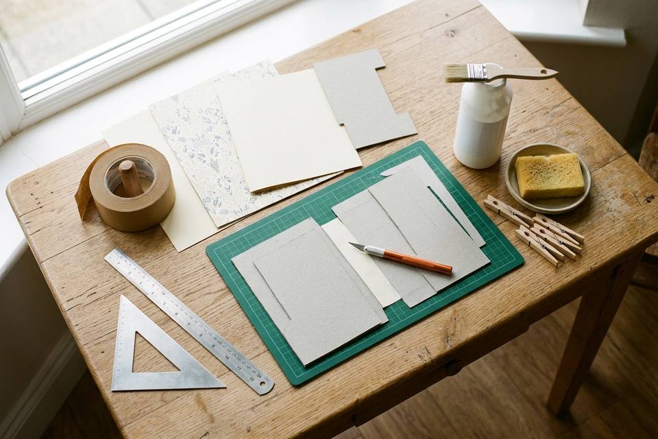 Le matériel à plat : cartons découpés, papier kraft gommé, papiers fantaisie, règle, cutter, colle et pinceau
