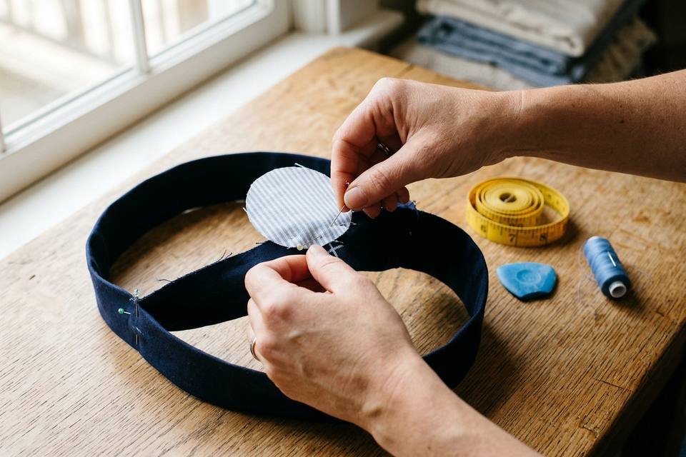 Deux mains épinglent le cercle du dessus sur le haut d'une bande de coton rayé, endroit contre endroit