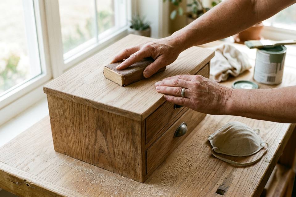 Des mains poncent le plateau d'une commode en bois avec une cale et du papier de verre, de la poussière claire sur la table