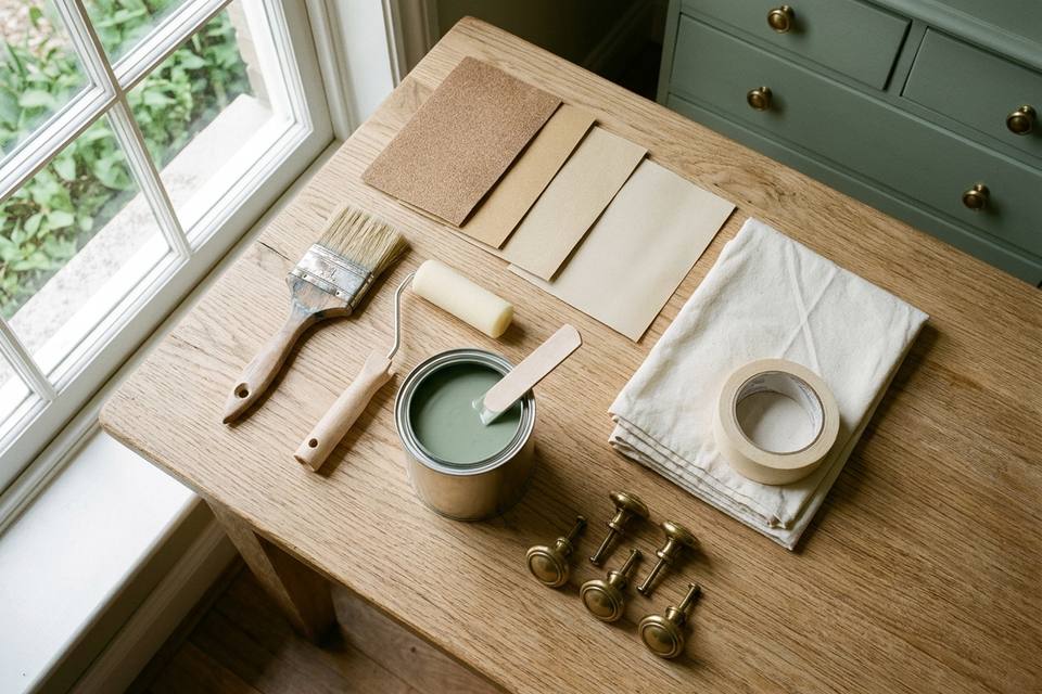 Le matériel posé à plat : papier de verre de plusieurs grains, pinceau, petit rouleau, pot de peinture, chiffon et poignées neuves