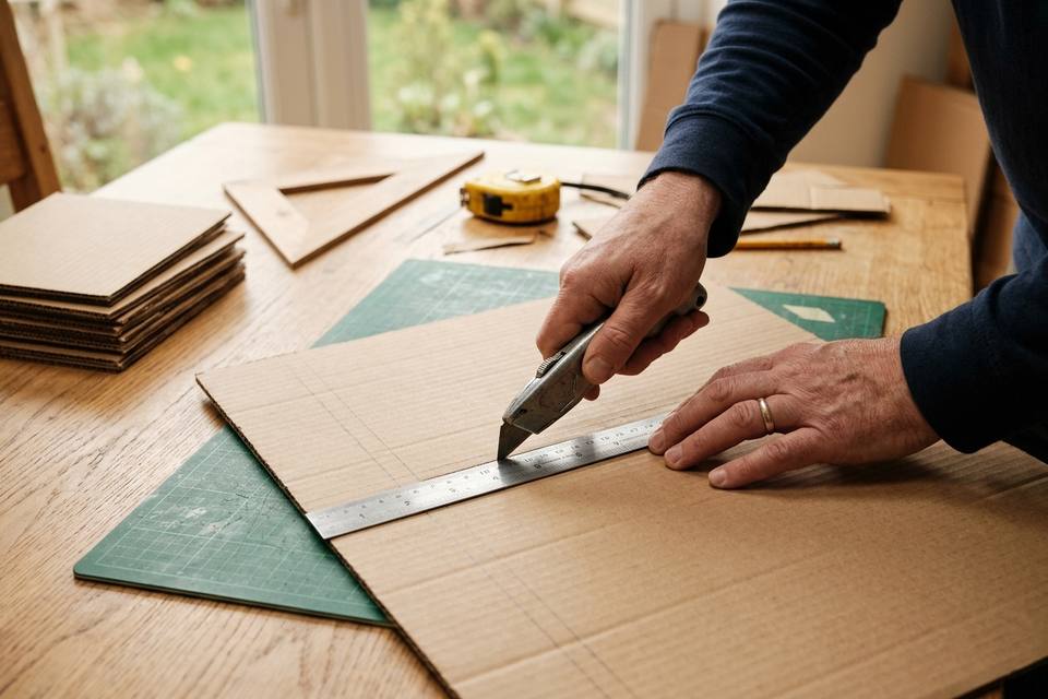 Deux mains guident un cutter le long d'une règle métallique sur une grande feuille de carton ondulé, sur un tapis de coupe