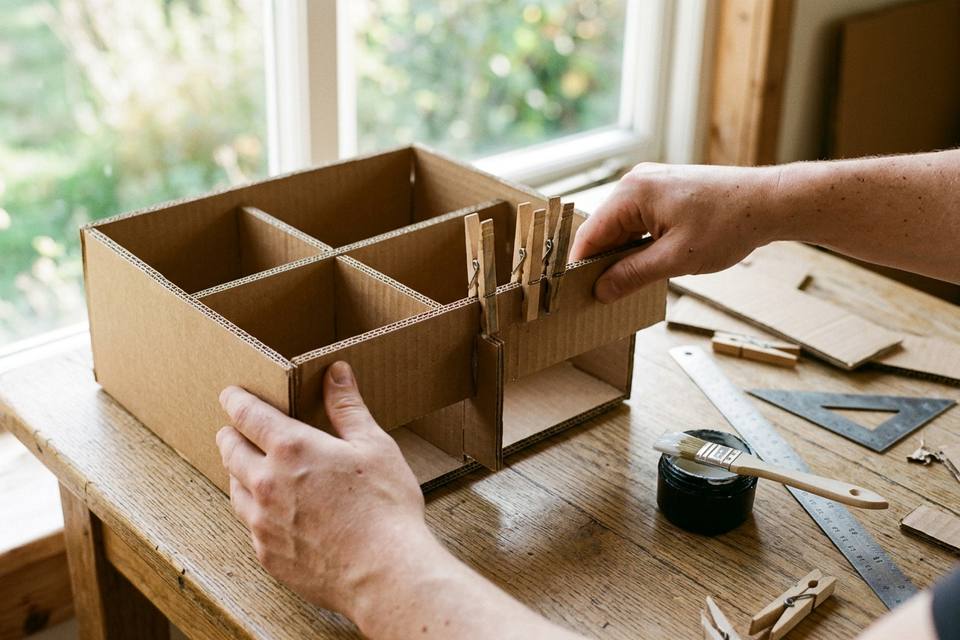 Les mains posent une séparation horizontale encollée à l'intérieur du caisson de carton, tenue par des pinces à linge