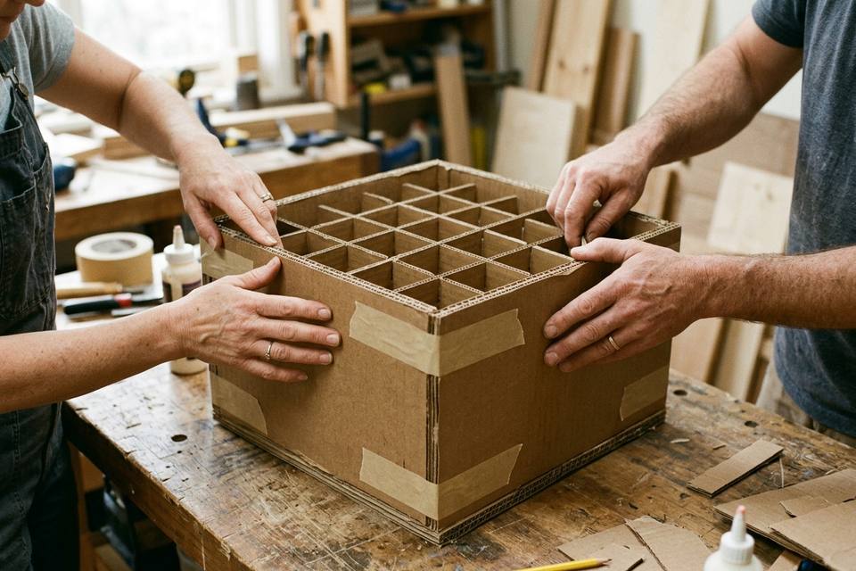 Deux mains assemblent un caisson de carton dont l'intérieur est renforcé par des croisillons