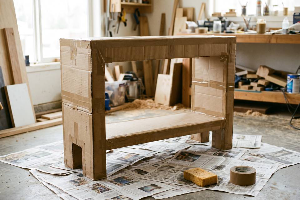 La console assemblée, arêtes couvertes de bandes de kraft gommé, avant la peinture