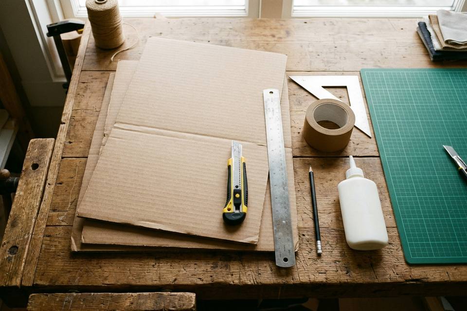 Le matériel à plat : plaques de carton ondulé, cutter, règle métallique, tapis de découpe, colle vinylique et rouleau de kraft gommé
