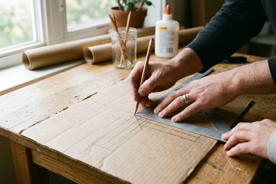 Des mains tracent un patron en croix au crayon sur une feuille de carton ondulé, avec une règle et une équerre