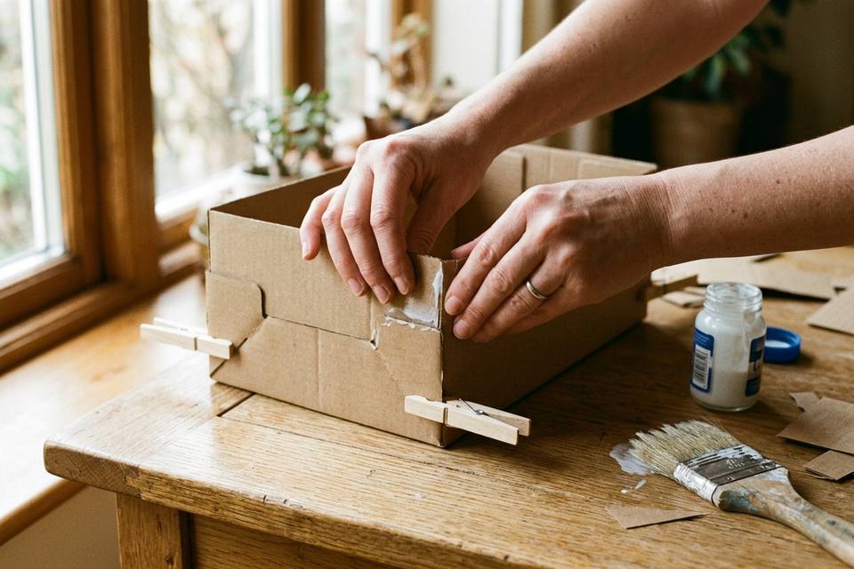 Des mains replient les parois de la corbeille et collent les languettes d'angle contre les côtés, tenues par des pinces à linge