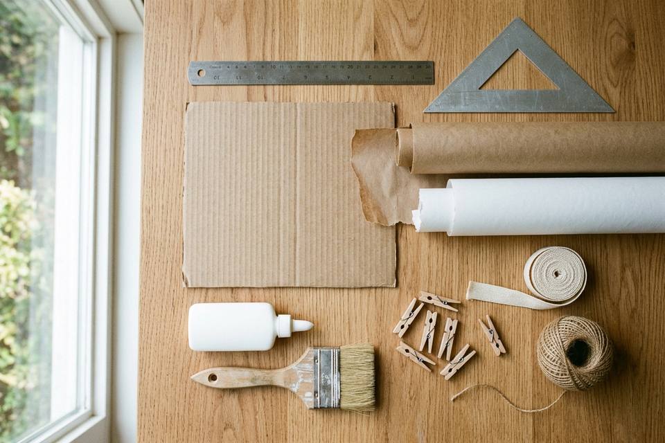 Le matériel à plat : carton ondulé, papier kraft, règle, équerre, colle, ruban et ficelle