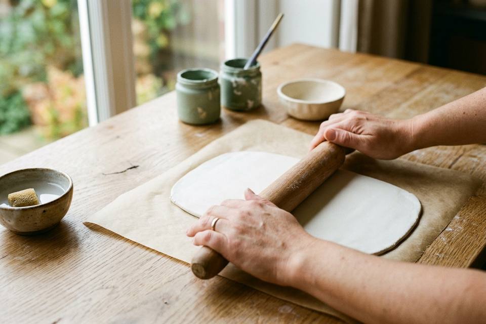 Deux mains étalent une plaque d'argile claire au rouleau sur du papier cuisson
