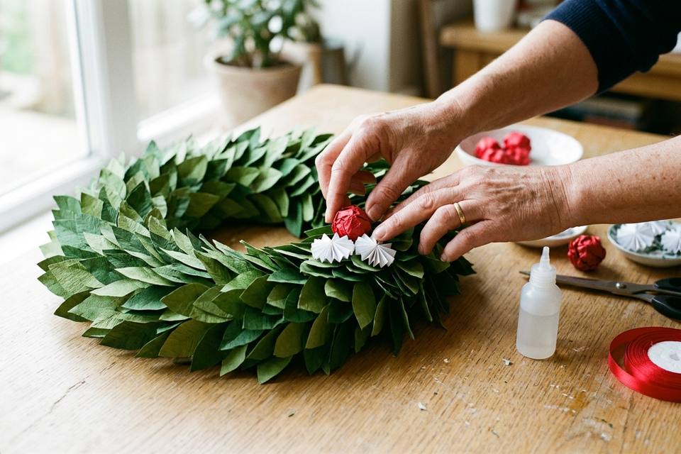 Les mains posent des boules de papier rouge et des fleurs blanches sur la couronne de feuilles vertes