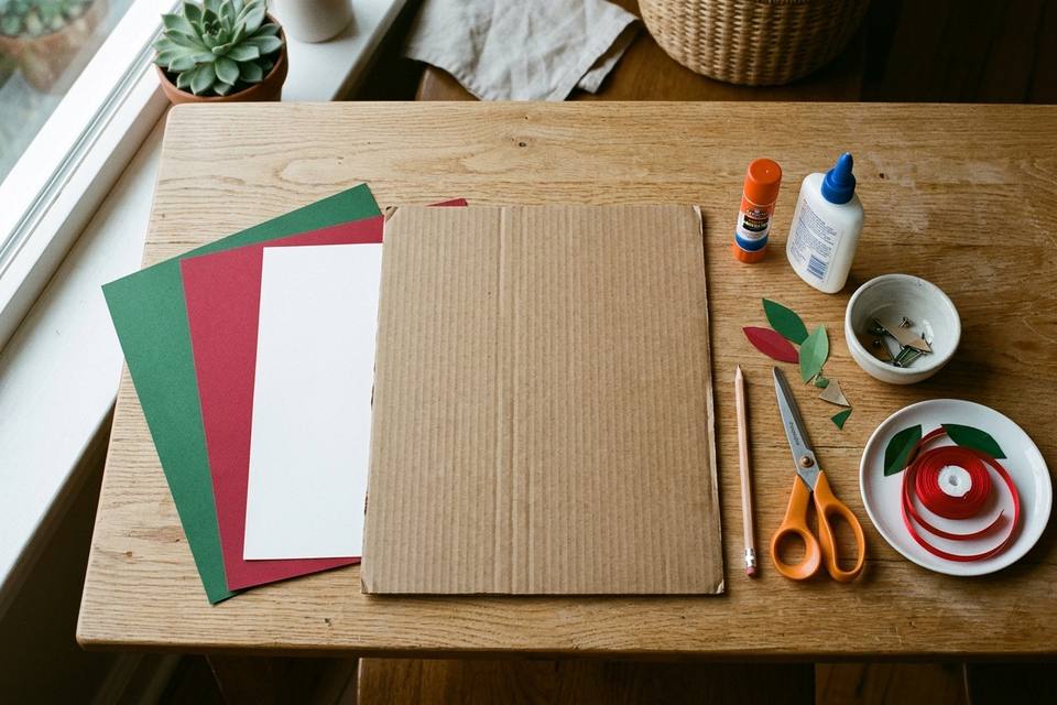 Le matériel à plat : un grand carton, des feuilles de papier vert, rouge et blanc, un bâton de colle, une paire de ciseaux, un crayon et du ruban
