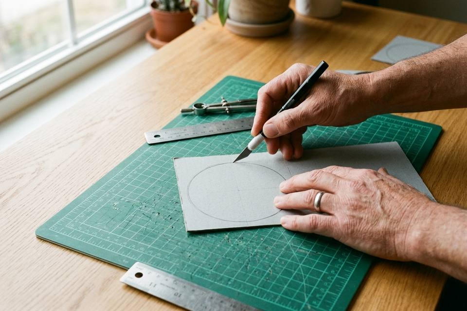 Une main guide un cutter le long d'un cercle tracé au crayon sur du carton gris, posé sur un tapis de découpe