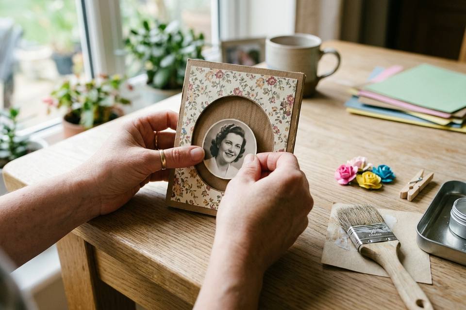 Des mains posent une photo ronde derrière la fenêtre d'un cadre en carton recouvert de papier à motifs