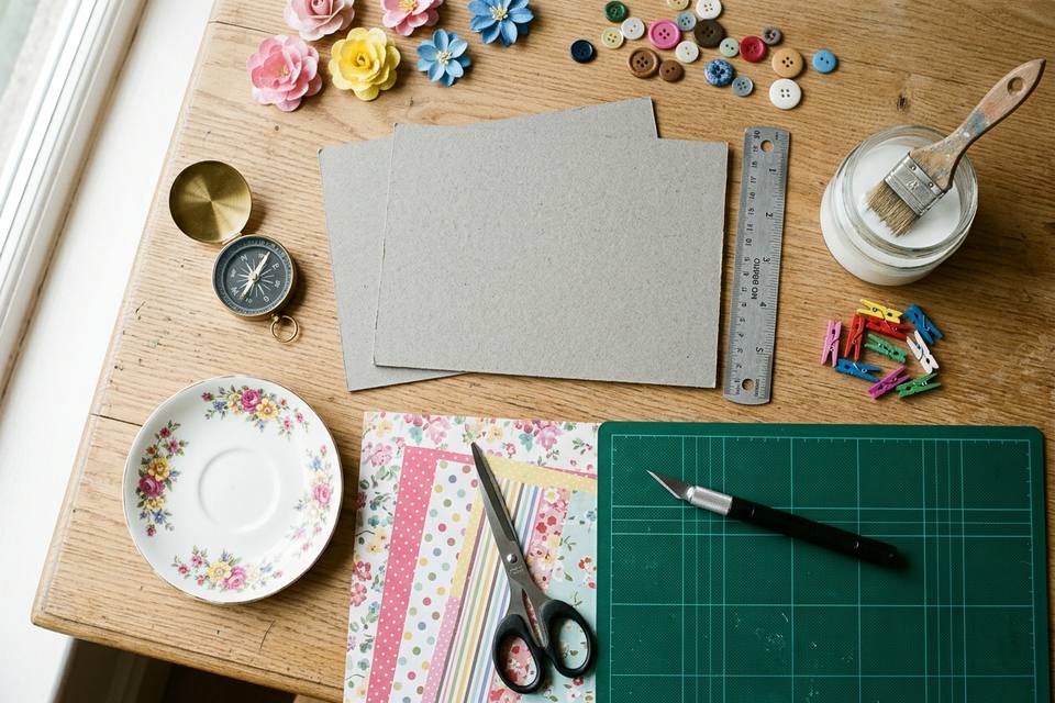 Le matériel à plat : carton gris, compas, assiette, cutter, règle, papiers décoratifs, colle, ciseaux et petits embellissements